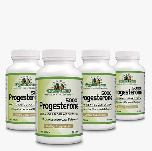 Organic Farms Vitamins Progesterone 5000 kit with four bottles supports convenient daily hormone balance.