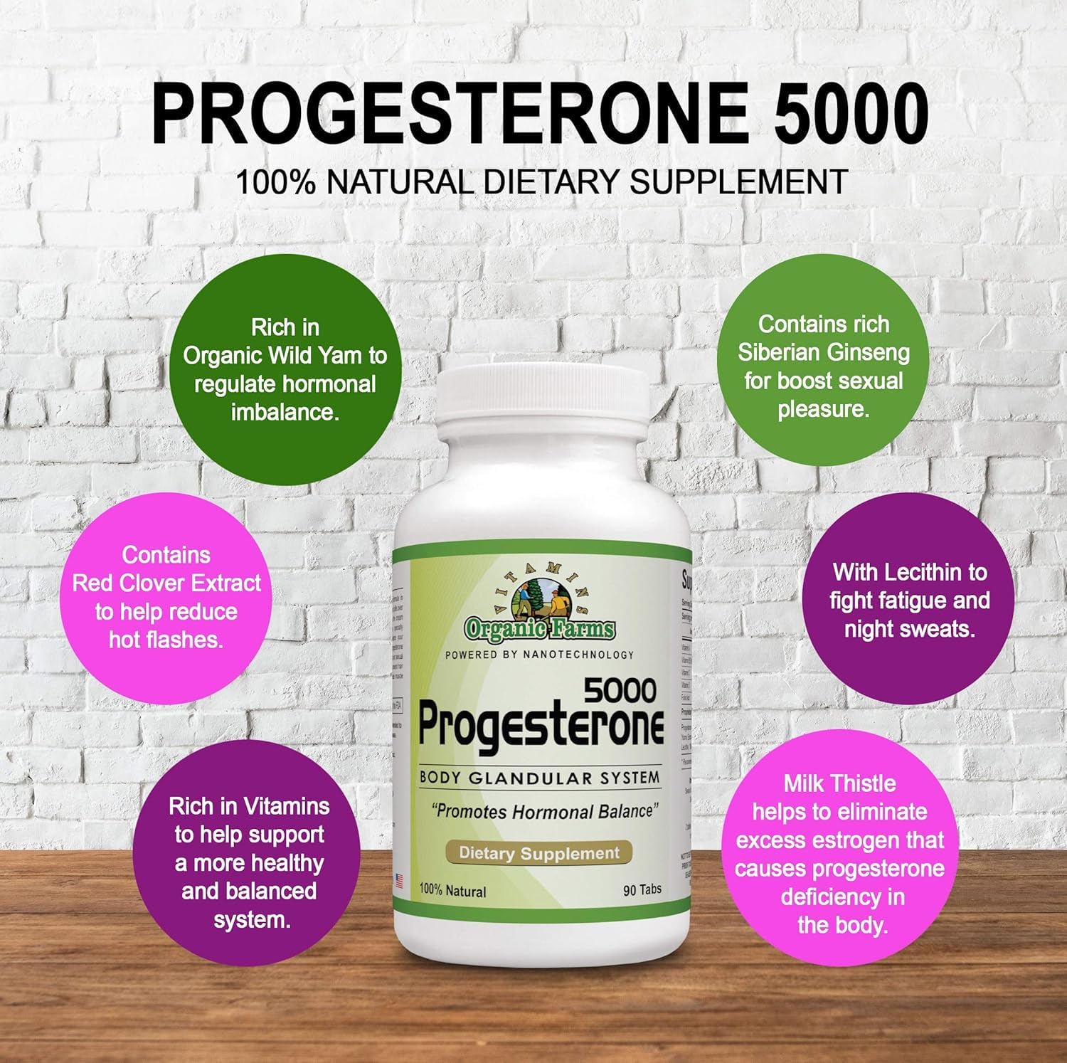 Organic Farms Vitamins Progesterone bottle with pills on white surface for routine.