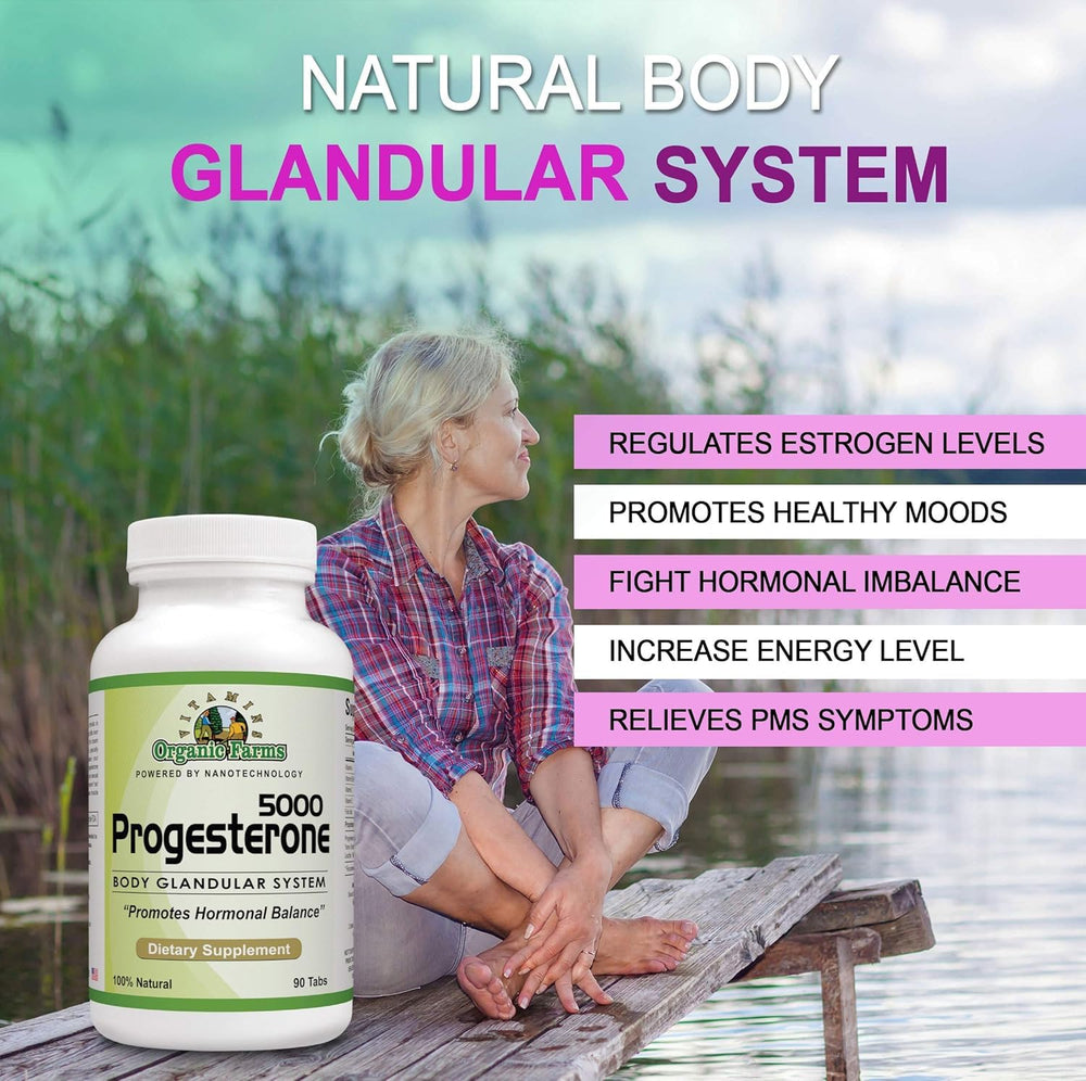 Organic Farms Vitamins Progesterone capsules closeup suggests easy daily intake.