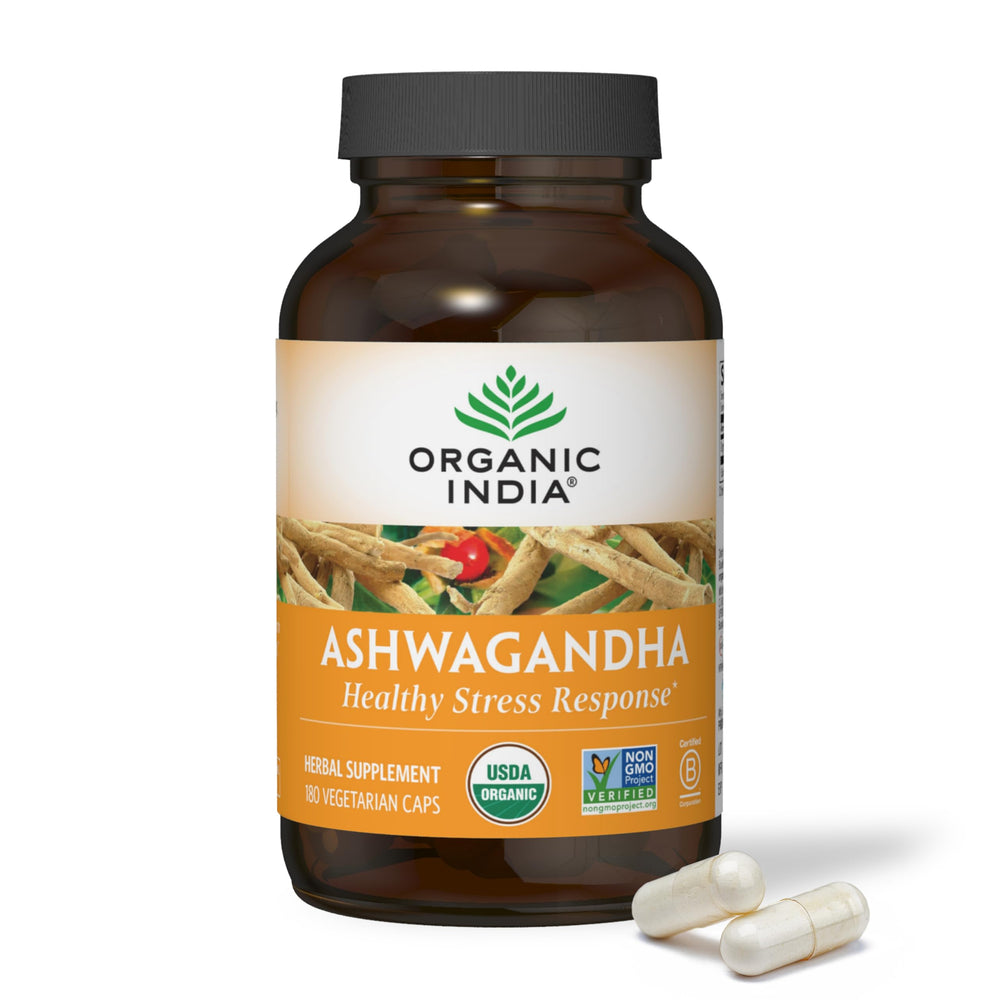 Organic India Ashwagandha capsules bottle highlighting stress support and daily energy.