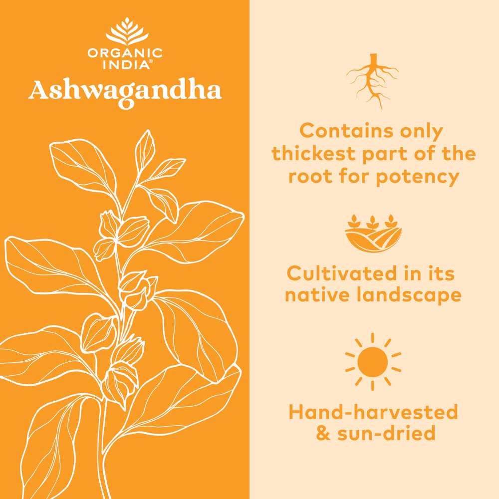 Close-up of Organic India Ashwagandha capsules with natural herb imagery.
