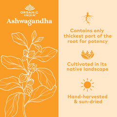 Close-up of Organic India Ashwagandha capsules with natural herb imagery.