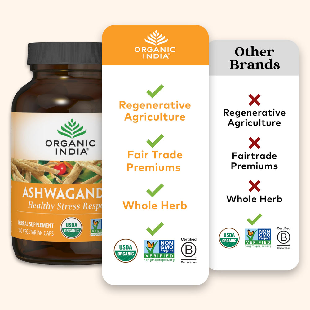 Organic India Ashwagandha label close-up emphasizing sleep-friendly properties.