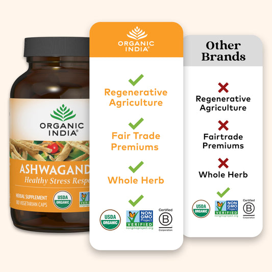 Organic India Ashwagandha label close-up emphasizing sleep-friendly properties.