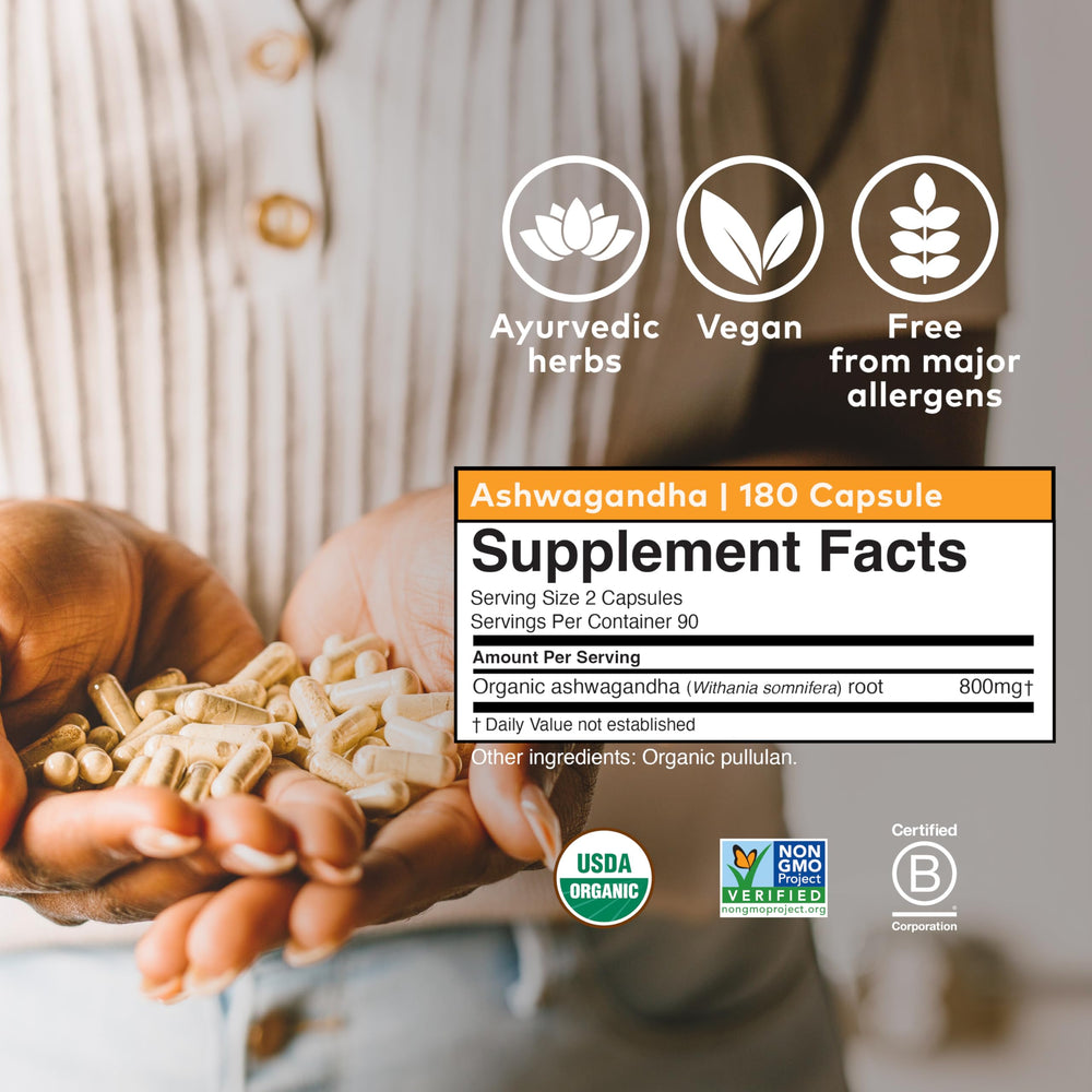 Ashwagandha capsules poured from bottle for easy daily use.