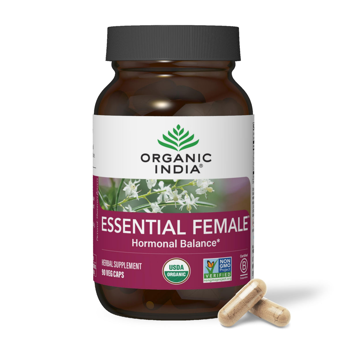 Organic India Essential Female bottle close-up showing herbal balance potential