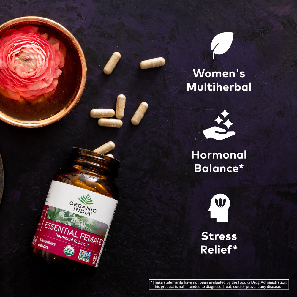 Organic India Essential Female capsules arranged for daily use