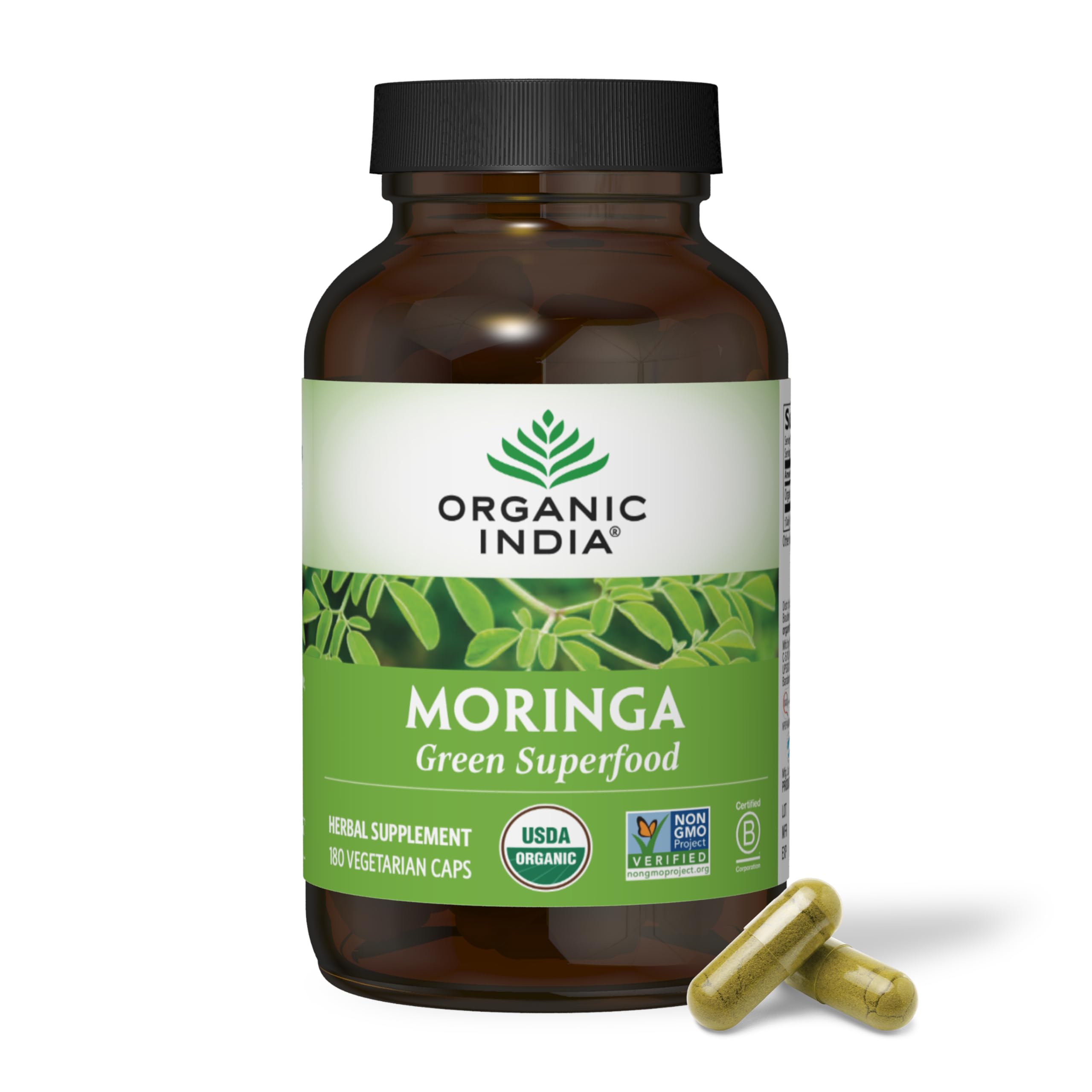 Organic India Moringa Capsules bottle close-up, a convenient vegan greens supplement.