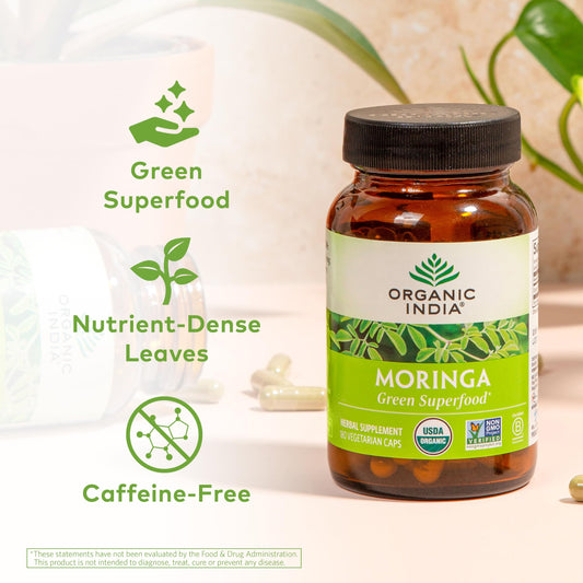 Organic India Moringa capsules label detail highlights clean, gluten-free ingredients.