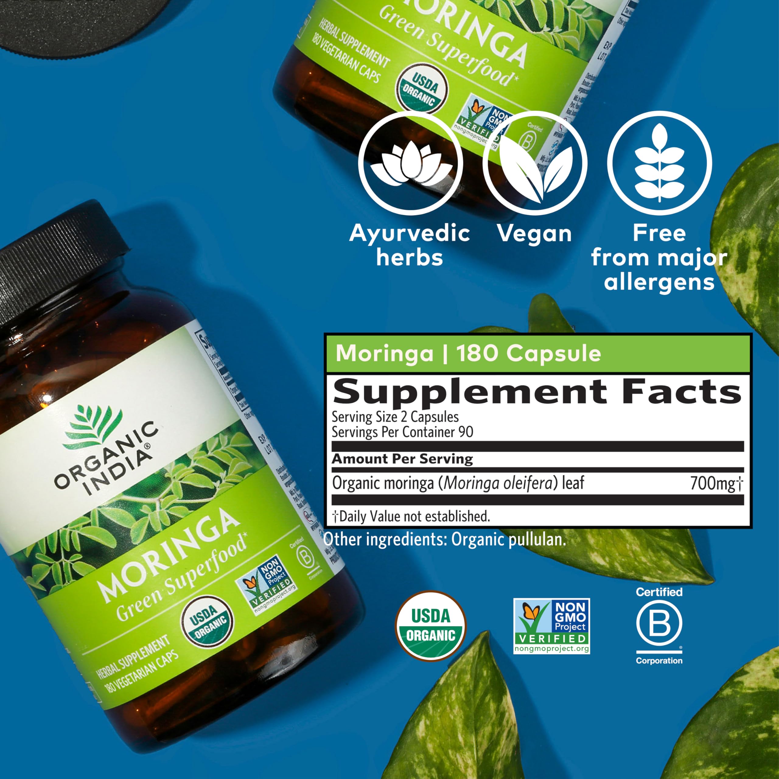 Organic India Moringa capsules vegan gluten-free icon signals plant-based quality.