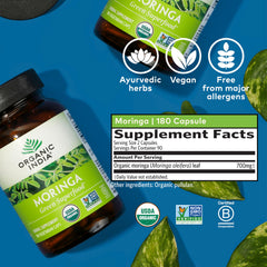 Organic India Moringa capsules vegan gluten-free icon signals plant-based quality.