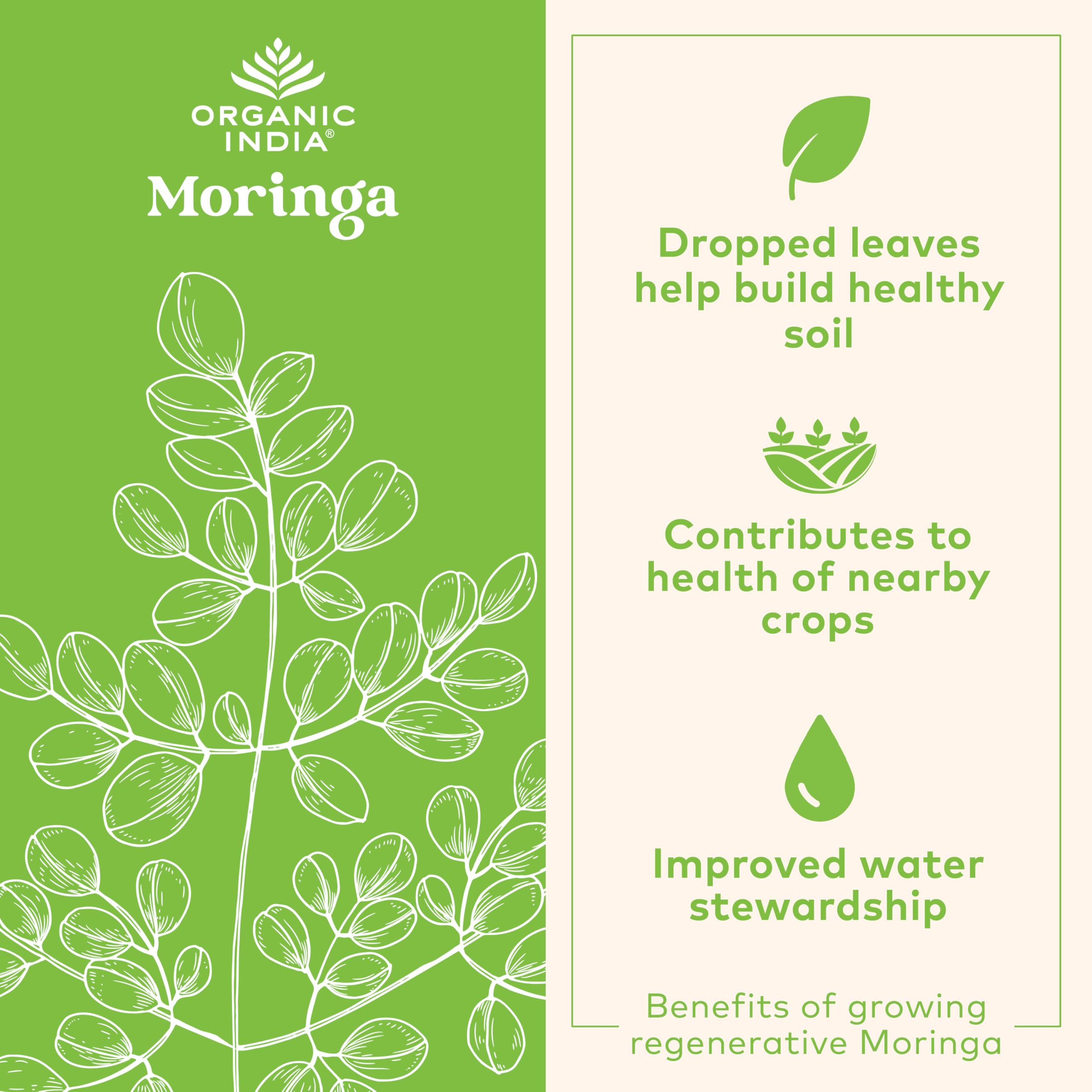 Organic India Moringa Oleifera leaves showcase natural, nutrient-dense source.