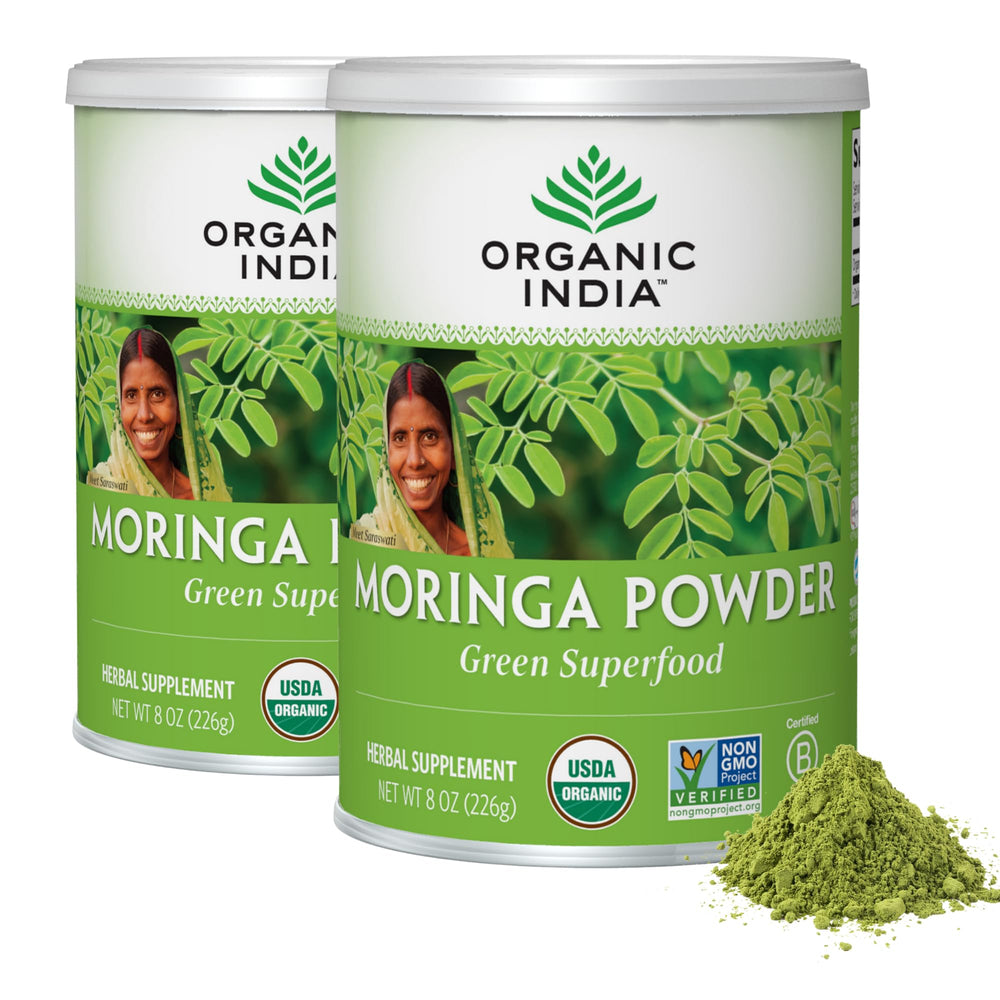 Organic India Moringa powder bottle pouring for a daily greens boost