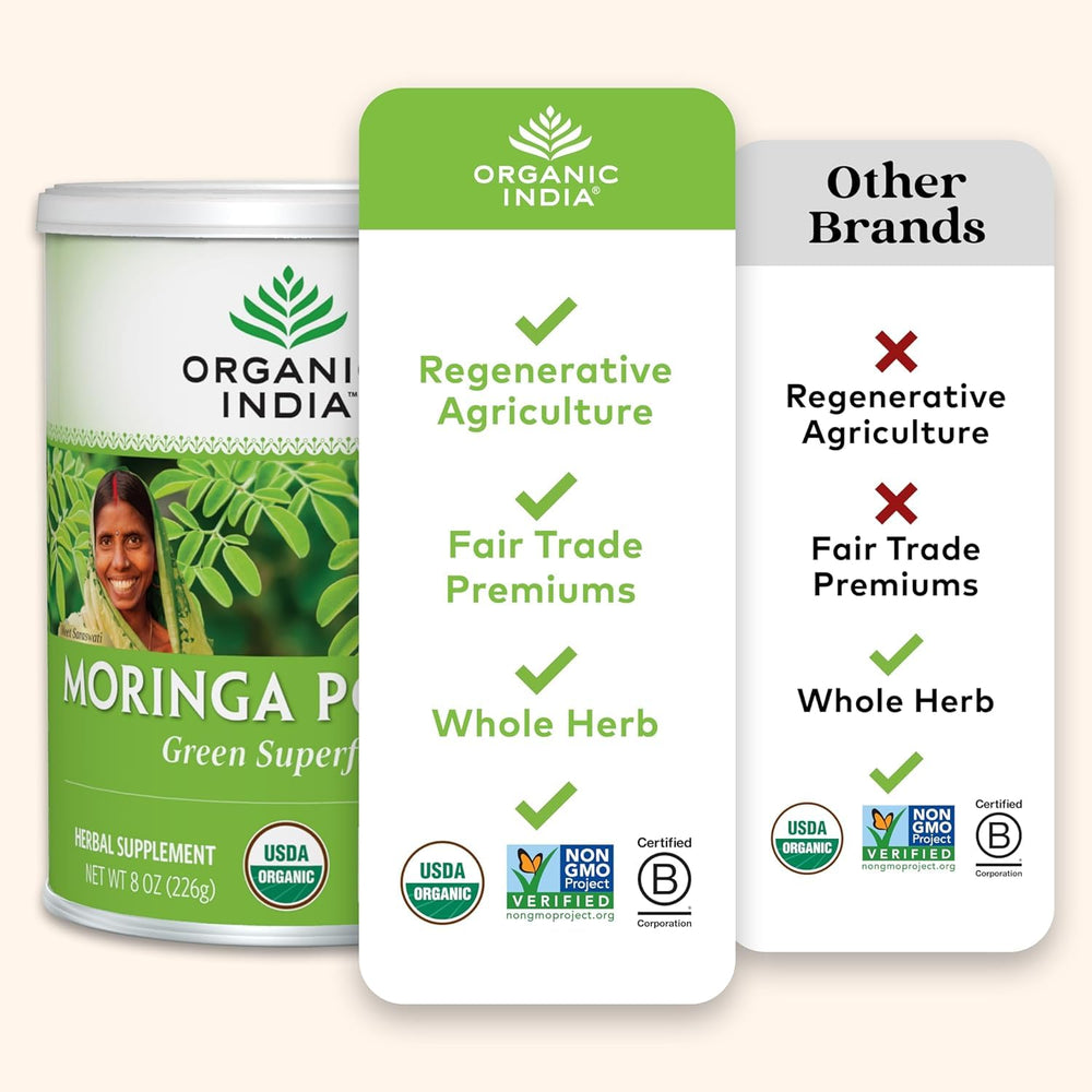 Organic India Moringa powder bowl ready to top meals or smoothies