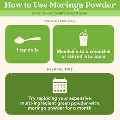 Organic India Moringa powder packaging on display for convenient vegan nutrition