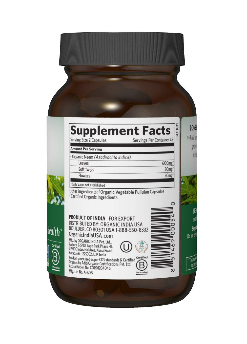 Closeup of Organic India Neem capsules highlighting detox potential.