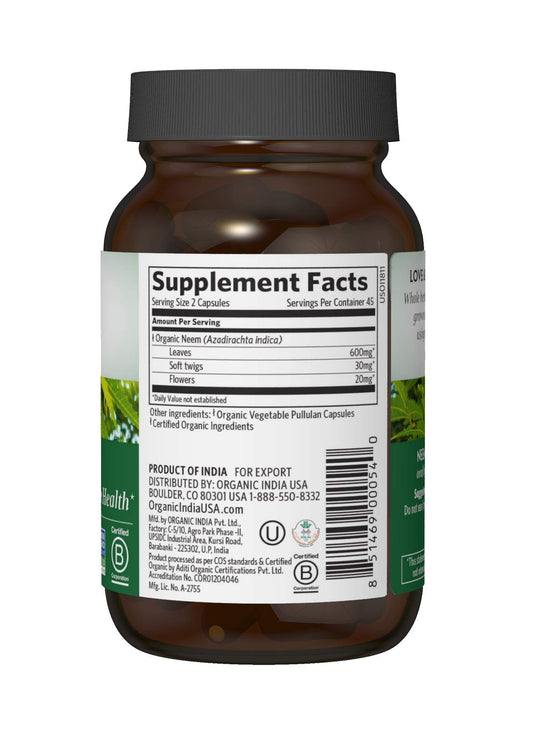 Closeup of Organic India Neem capsules highlighting detox potential.