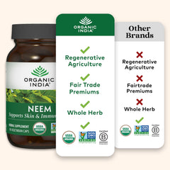 Organic India Neem Leaf Capsules amber bottle under soft light.
