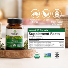 Organic India Neem Leaf Capsules on a clean surface for wellness.