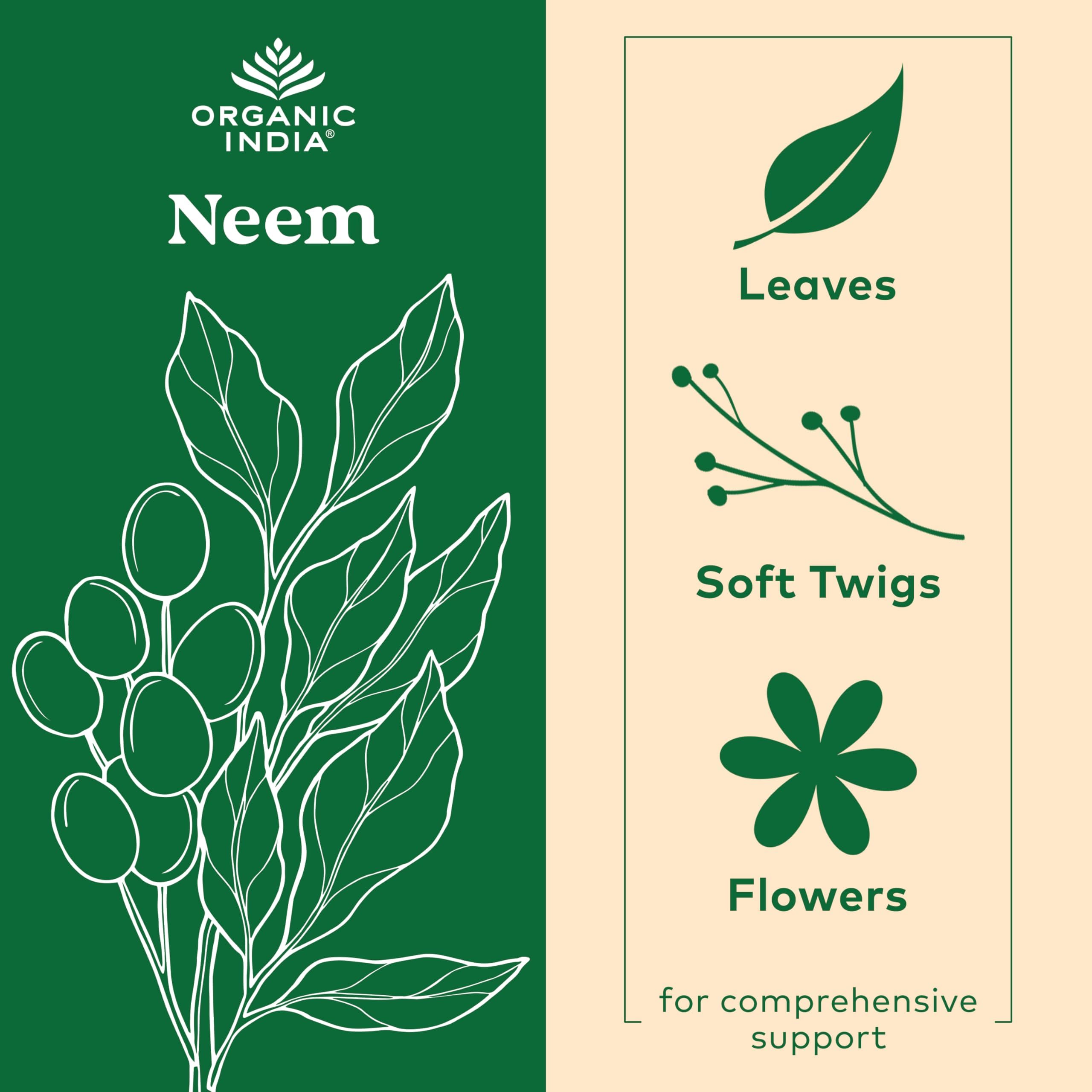 Organic India Neem Leaf Capsules label close-up emphasizes organic quality.