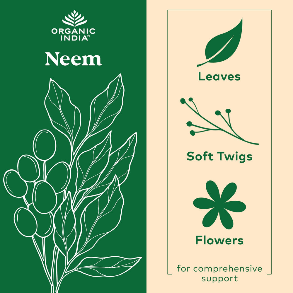 Organic India Neem Leaf Capsules label close-up emphasizes organic quality.