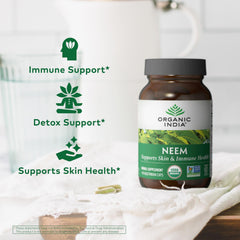 Organic India Neem Leaf Capsules packaging on shelf signals vegan option.