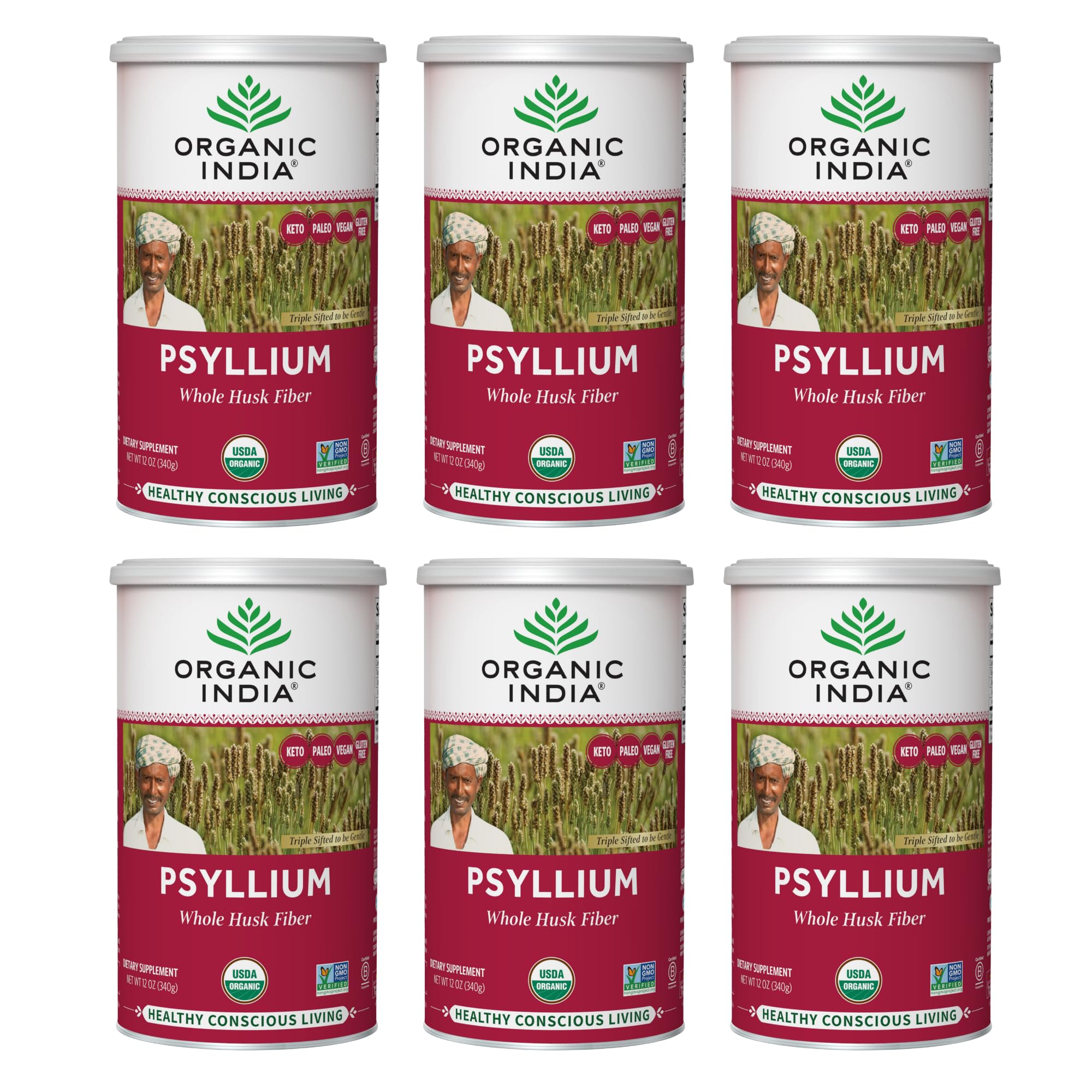 Organic India Psyllium Herbal Powder canister for gentle daily fiber support.