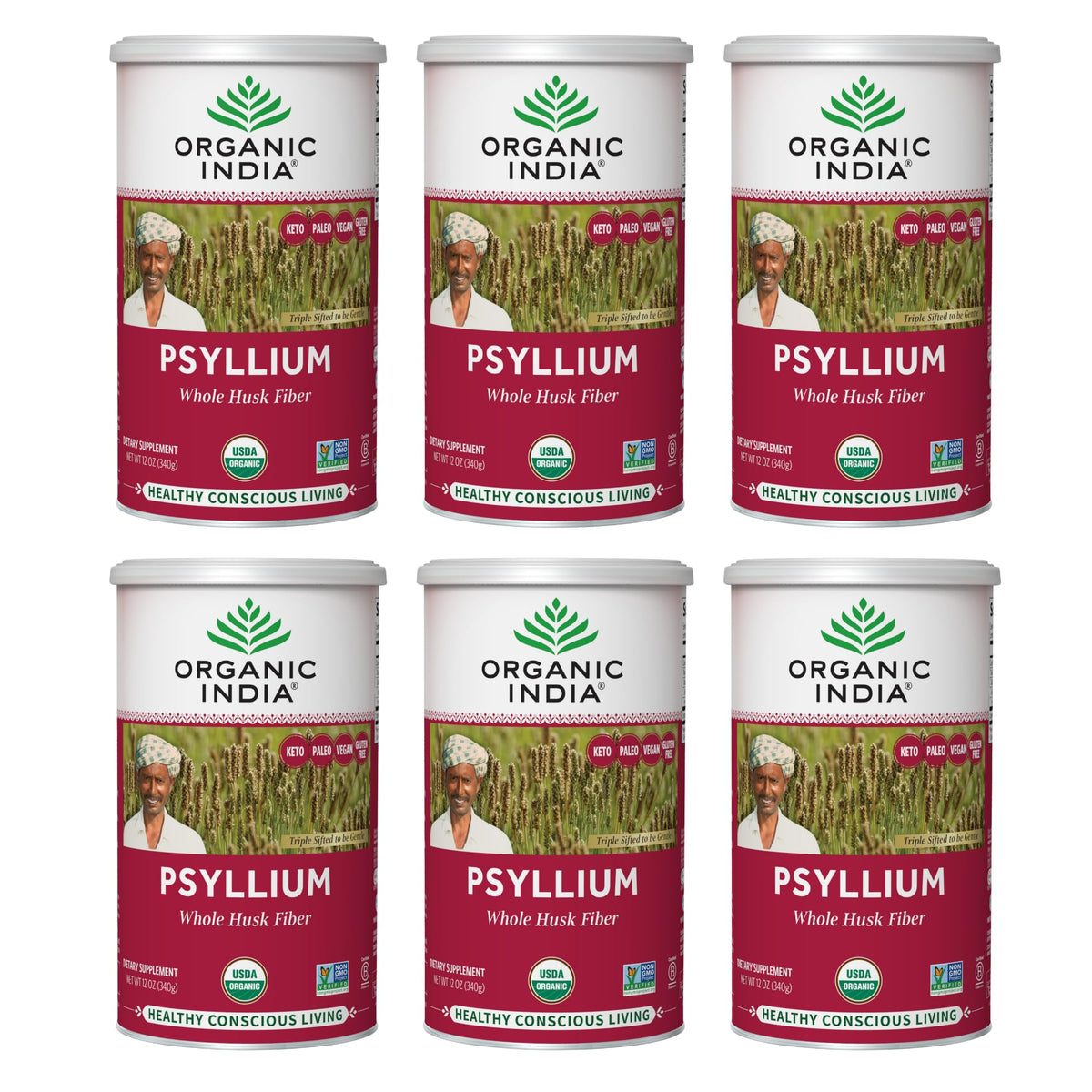 Organic India Psyllium Herbal Powder canister for gentle daily fiber support.