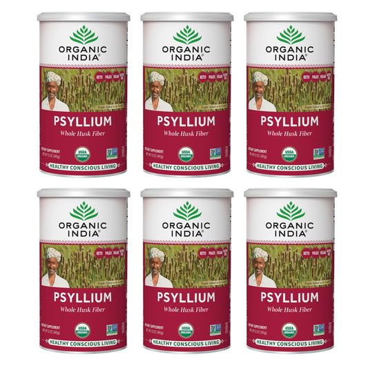 Organic India Psyllium Herbal Powder canister for gentle daily fiber support.