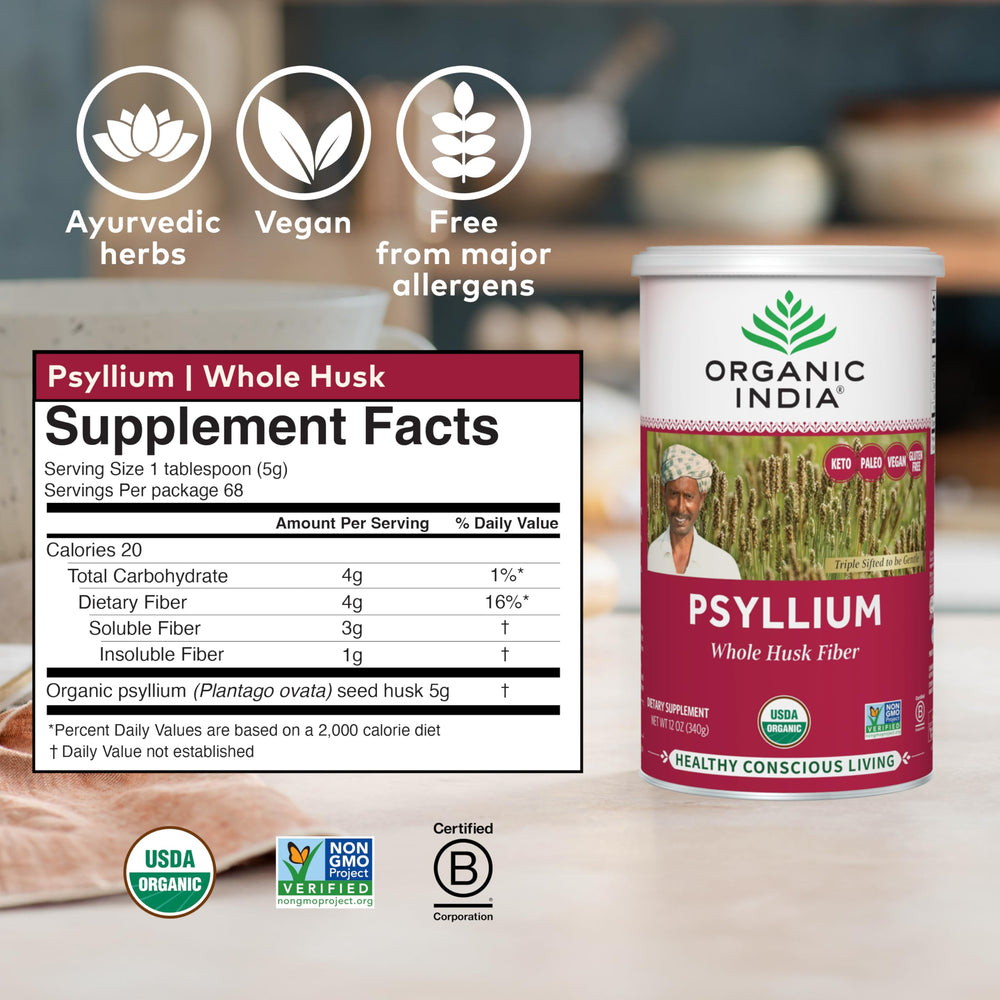 Organic India psyllium powder stirred into water for fiber addition.