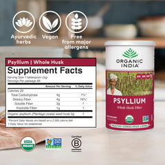 Organic India psyllium powder stirred into water for fiber addition.