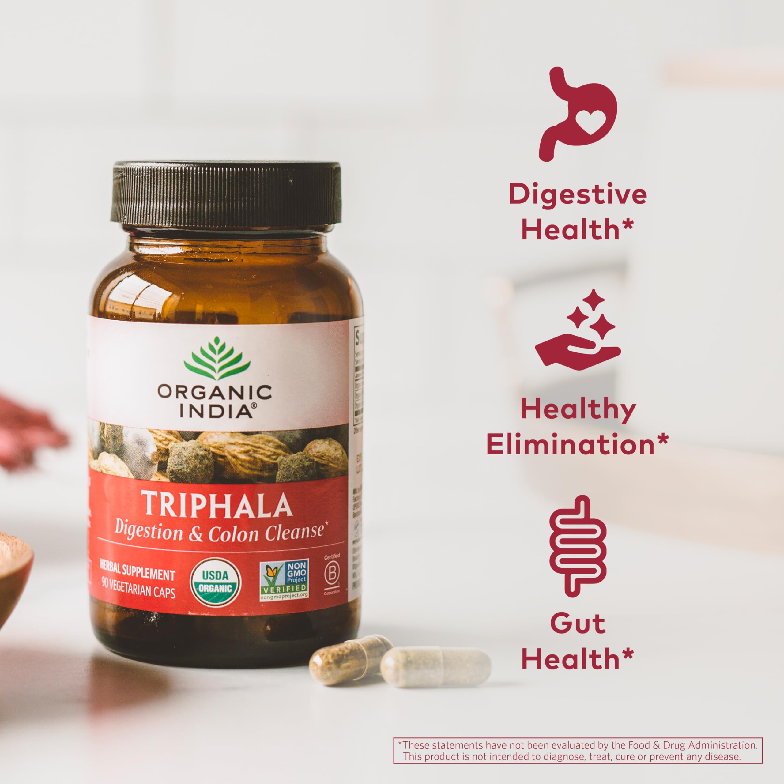 Amla, Haritaki, Bibhitaki ingredients visualization in Organic India Triphala blend.