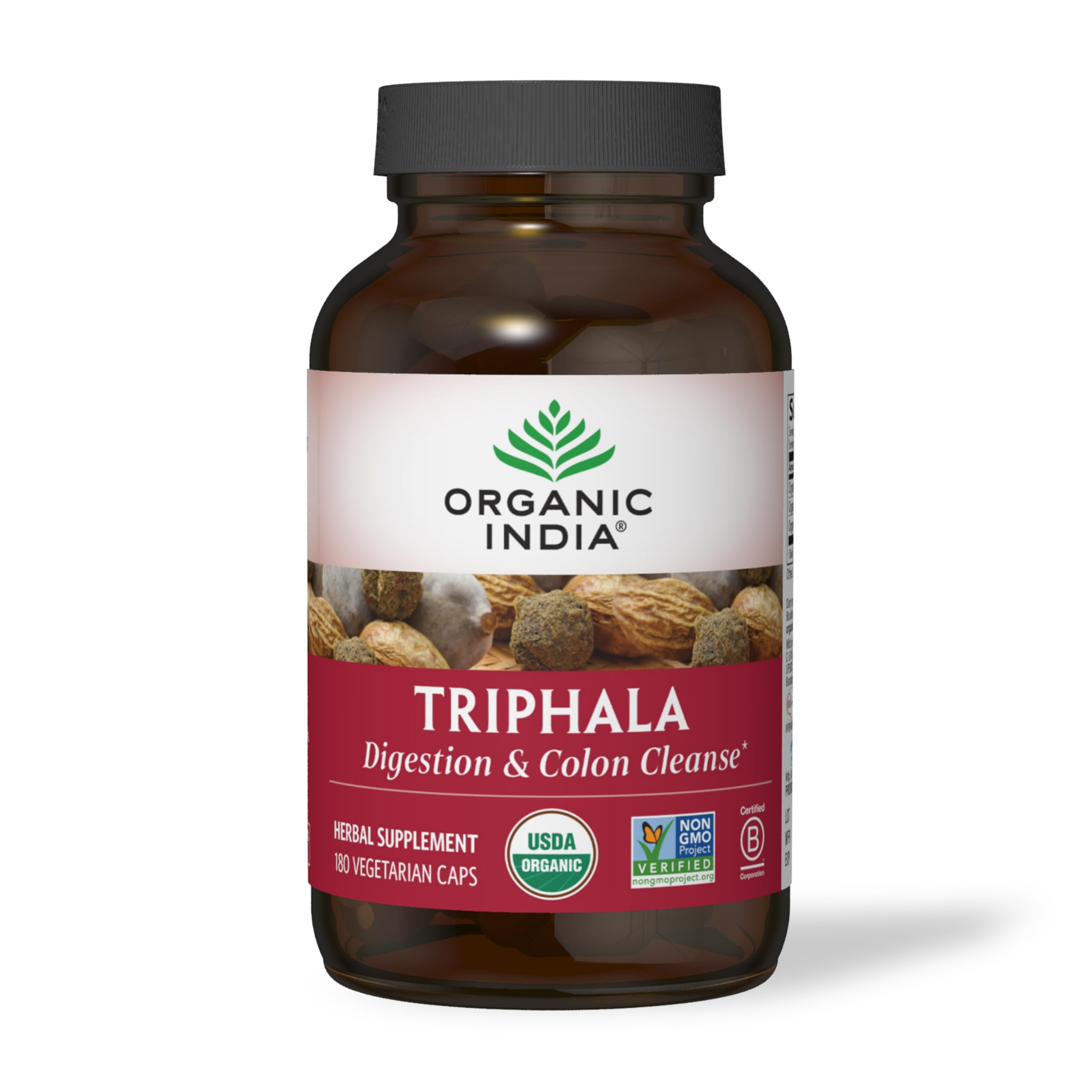 Organic India Triphala capsules bottle for digestive support and daily use.