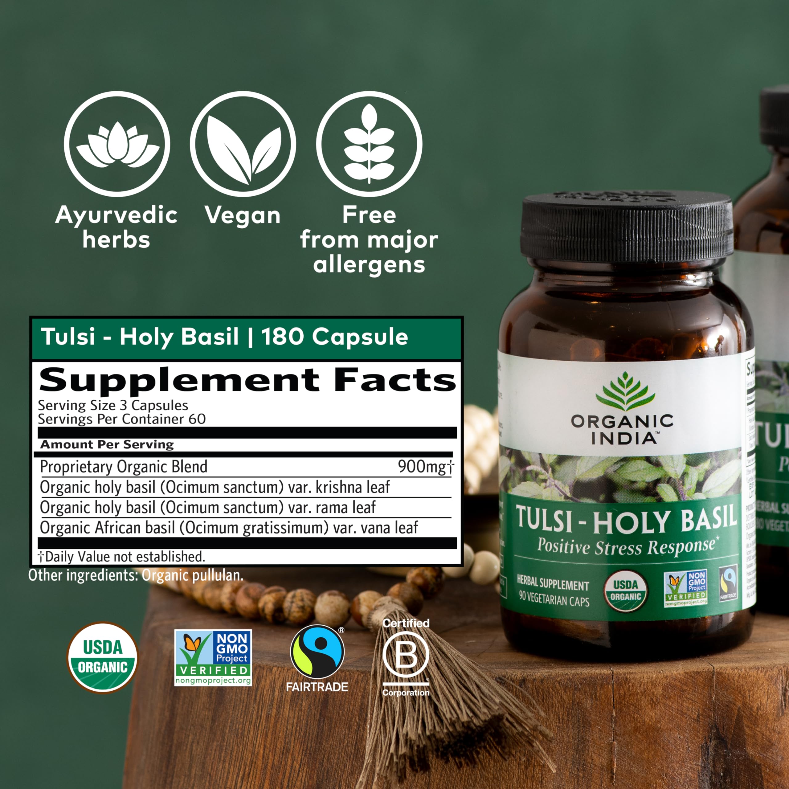 Organic India Tulsi bottle label showing vegan and non-GMO attributes