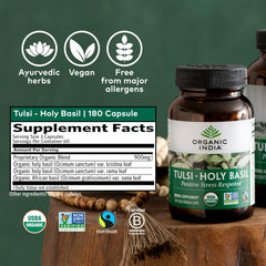 Organic India Tulsi bottle label showing vegan and non-GMO attributes