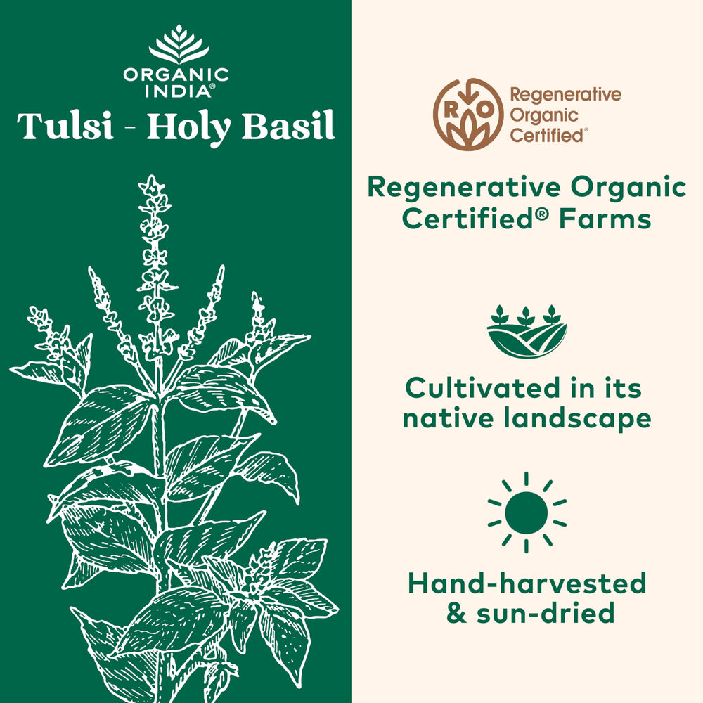 Organic India Tulsi packaging and label emphasizing organic certification