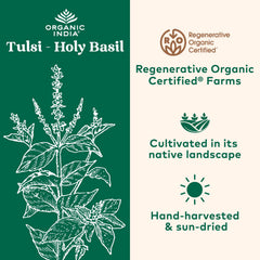 Organic India Tulsi packaging and label emphasizing organic certification
