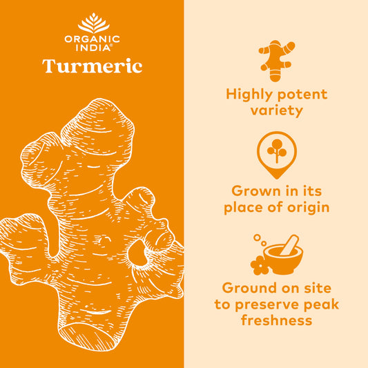 ORGANIC INDIA Turmeric Curcumin bottle back label with nutritional info aiding absorption