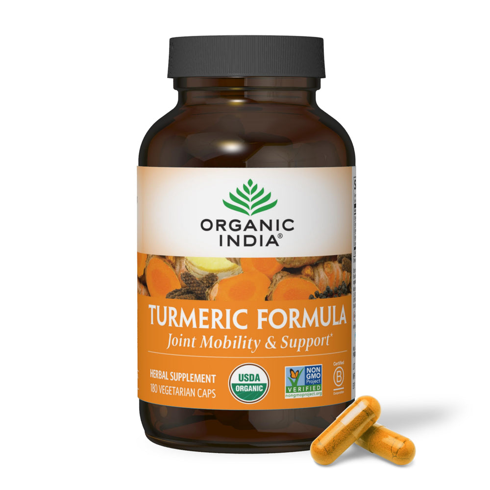 ORGANIC INDIA Turmeric Curcumin bottle front showing whole-root formula for joint support