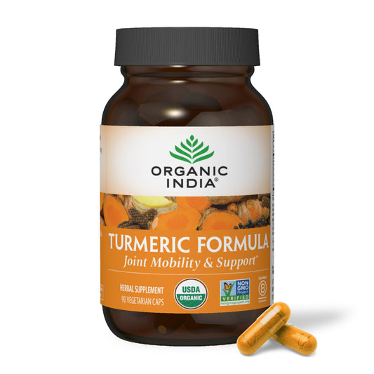 Organic India Turmeric Curcumin bottle capsules for daily joint support.