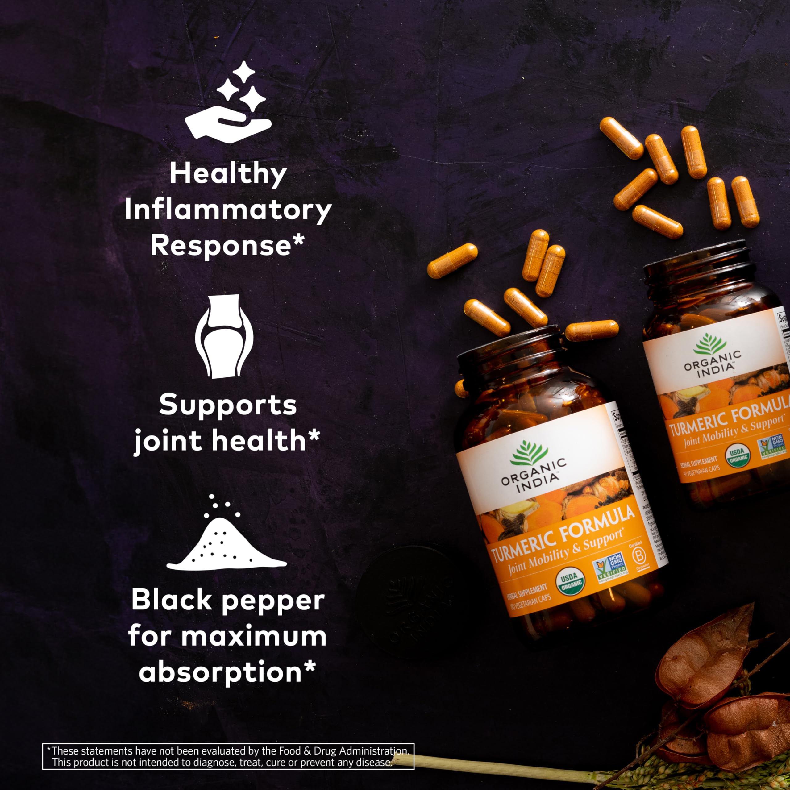 Organic India whole root turmeric product emphasizing natural sourcing.