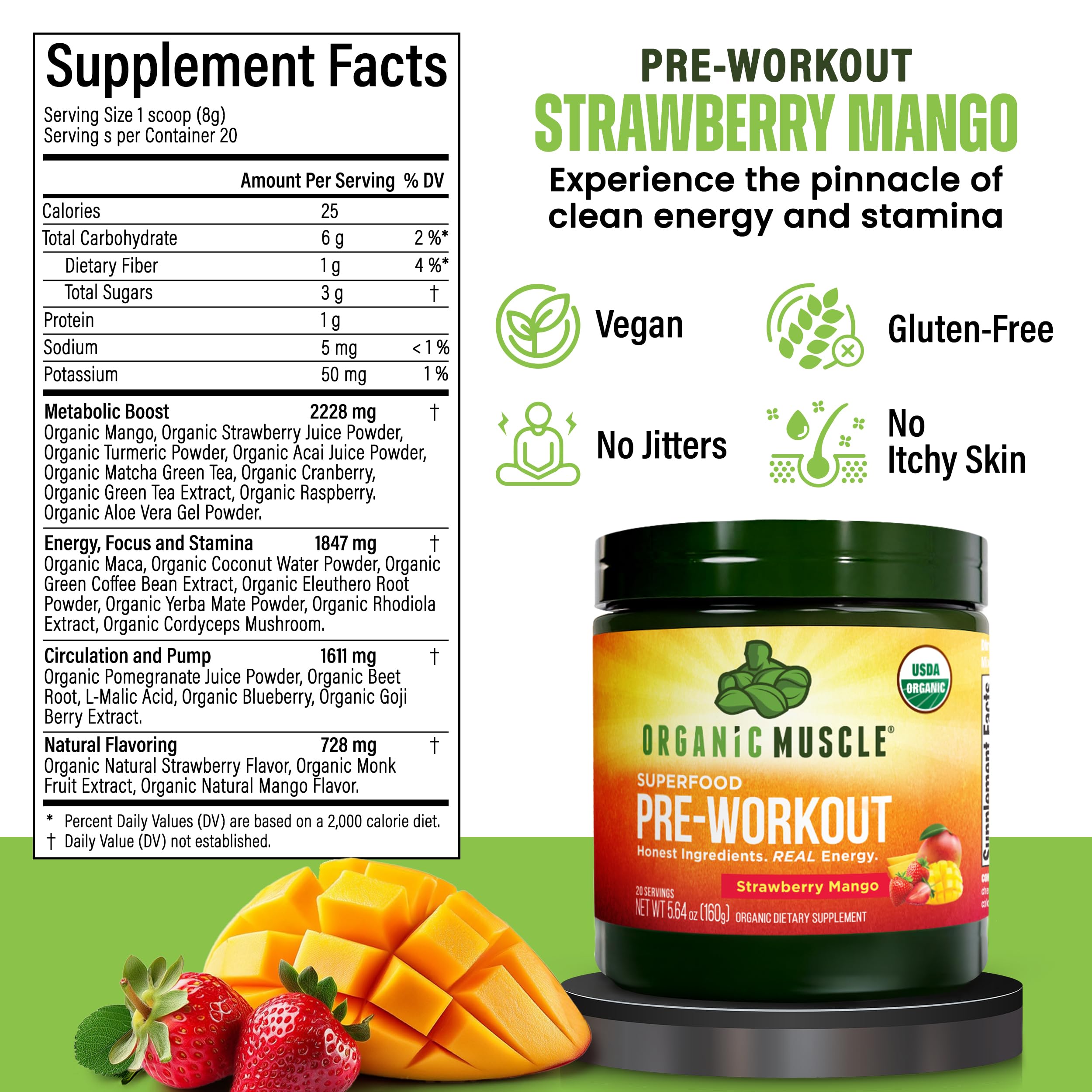 Organic Muscle 20 superfoods ingredient panel emphasizes nutrient-rich blend
