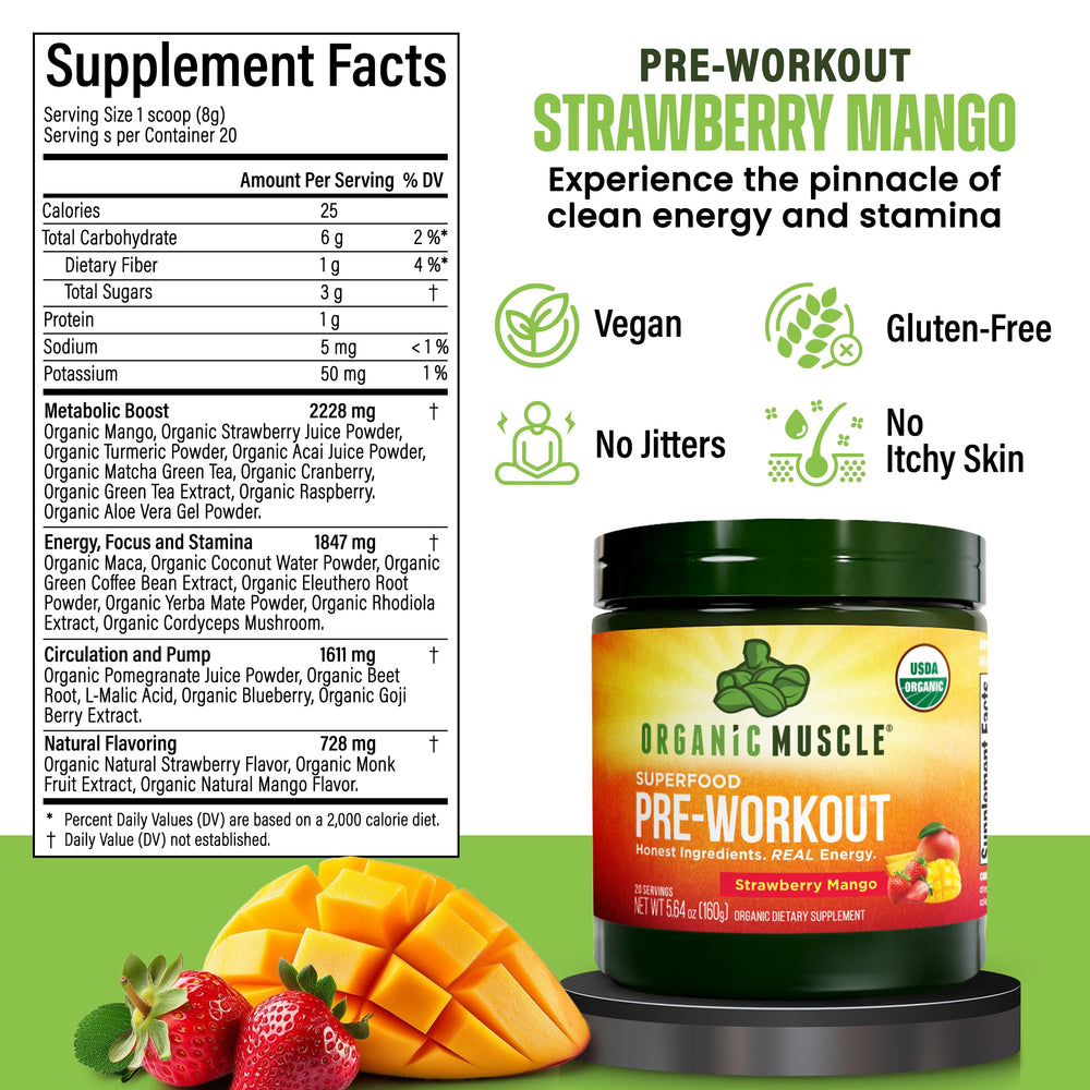 Organic Muscle 20 superfoods ingredient panel emphasizes nutrient-rich blend
