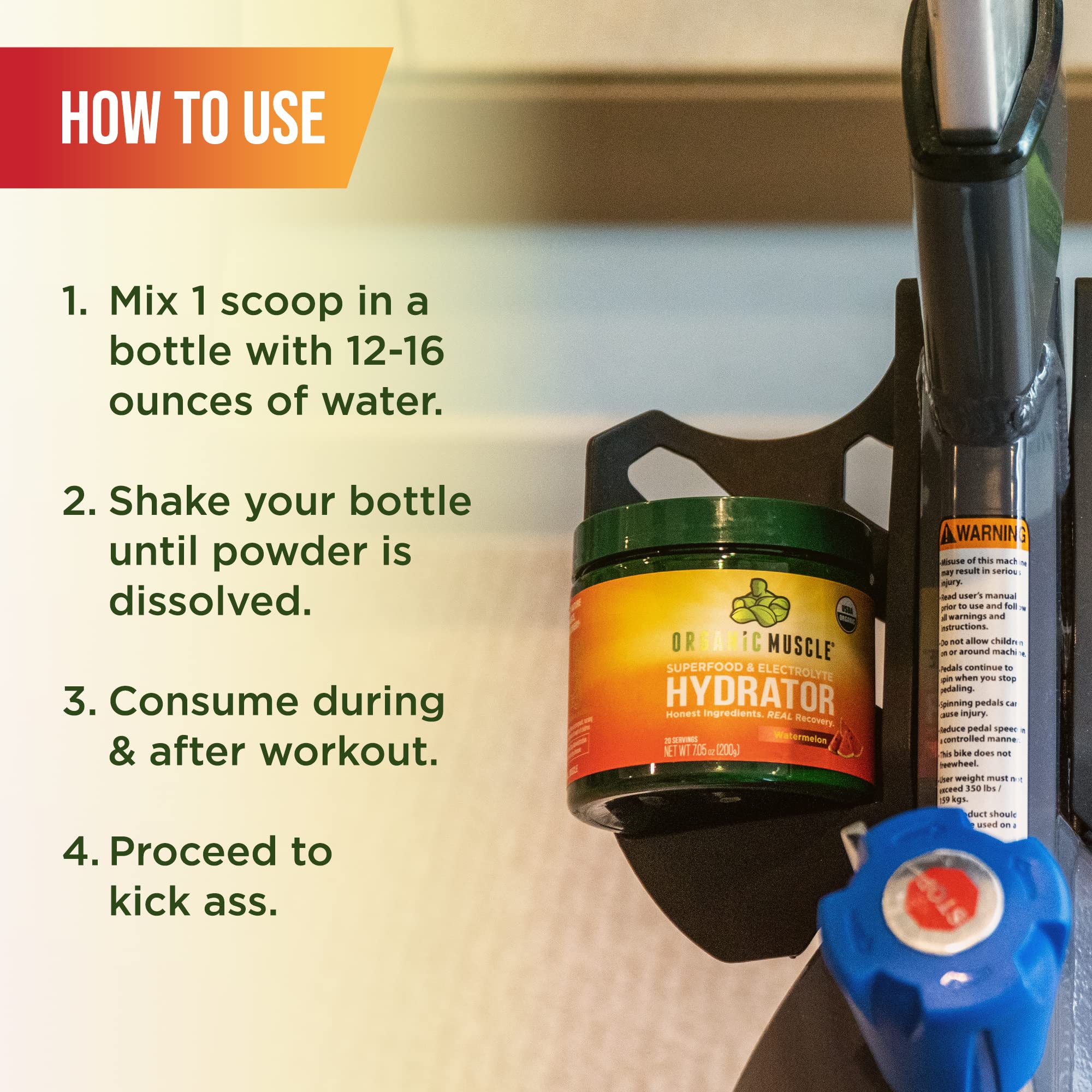 Measuring scoop with Organic Muscle Hydrator illustrates simple daily routine.