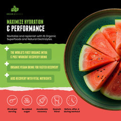 Organic Muscle Hydrator watermelon tub back highlights ingredients for clean hydration.