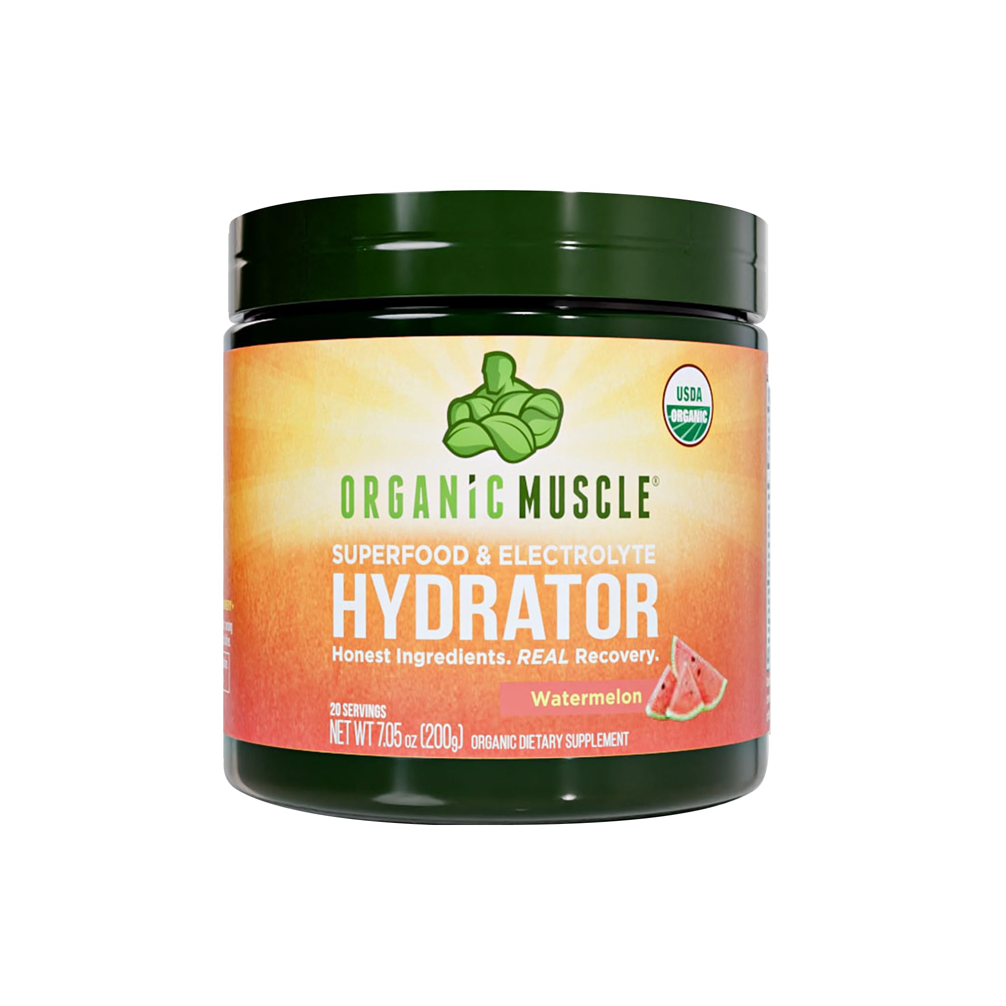 Organic Muscle Hydrator watermelon tub front promotes hydration during workouts.