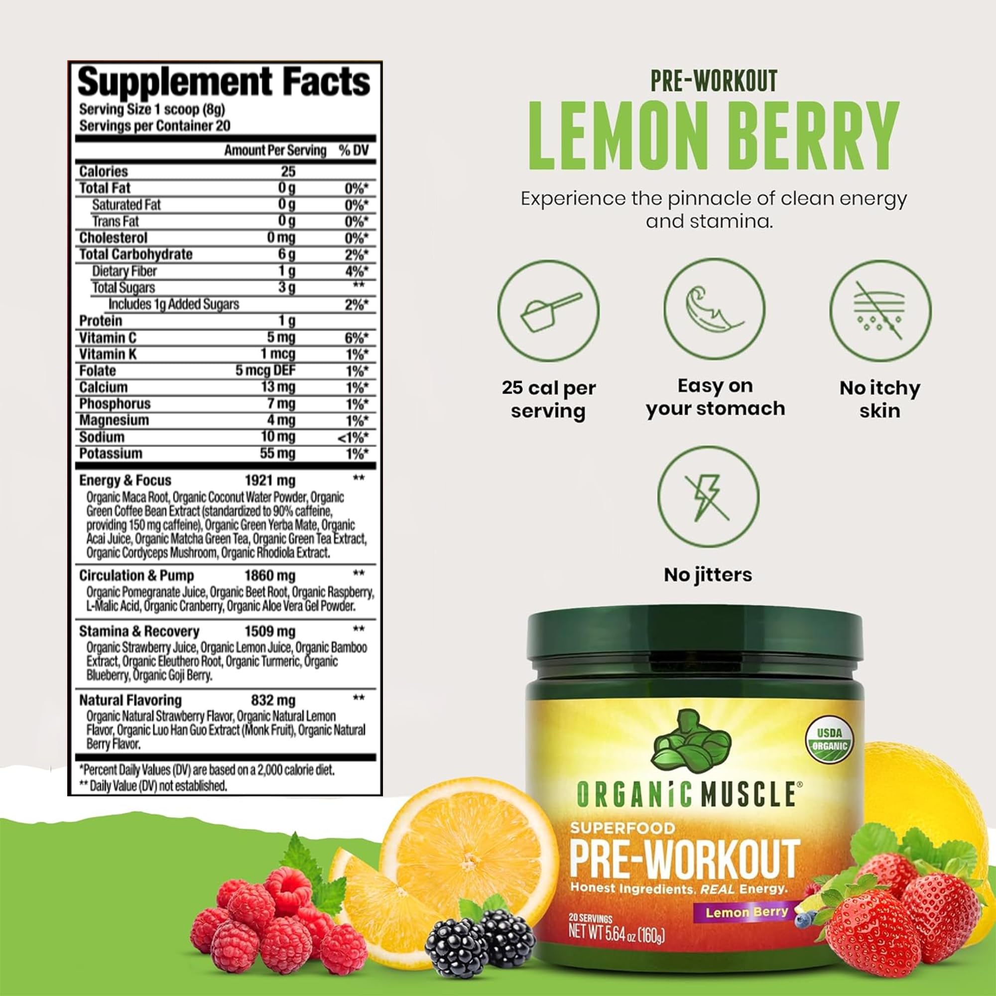 Organic Muscle serving scoop measures Lemon Berry powder for consistent pre-workout boosts