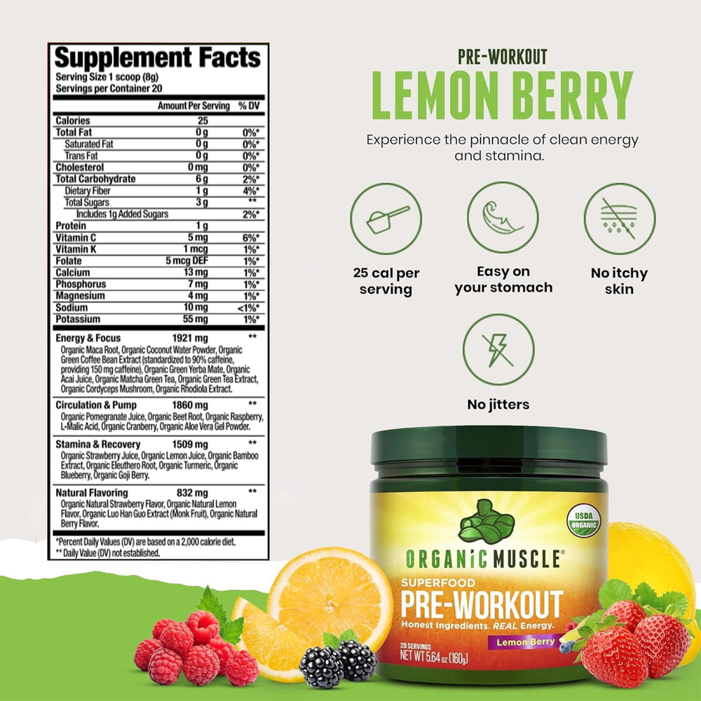 Organic Muscle serving scoop measures Lemon Berry powder for consistent pre-workout boosts