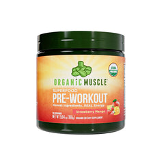 Organic Muscle pre-workout strawberry mango tub front shows clean energy potential
