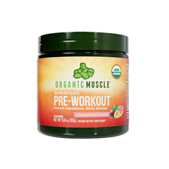 Organic Muscle pre-workout packaging with passionfruit guava flavor for a clean energy experience